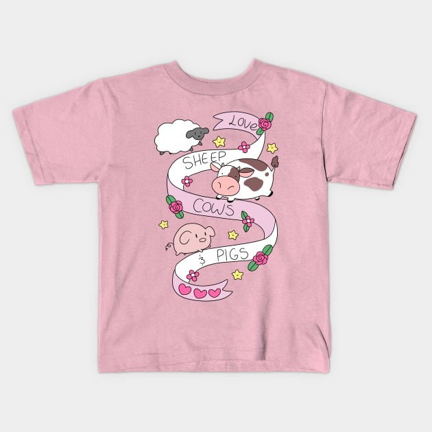 Love Sheep Cows and Pigs Kids T-Shirt by saradaboru